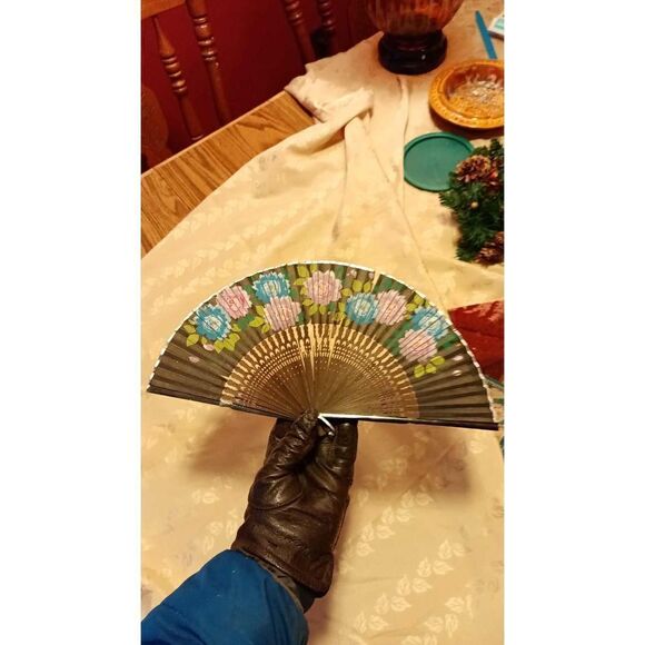 Vintage rose wood and silk Oriental hand fan in fair condition still useable but - Picture 1 of 15